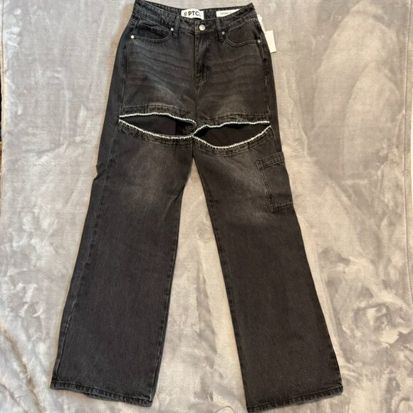 Ptcl Denim - PTCL Black Rhinestone Cutout Jeans NWT High Rise Straight Leg Size 28